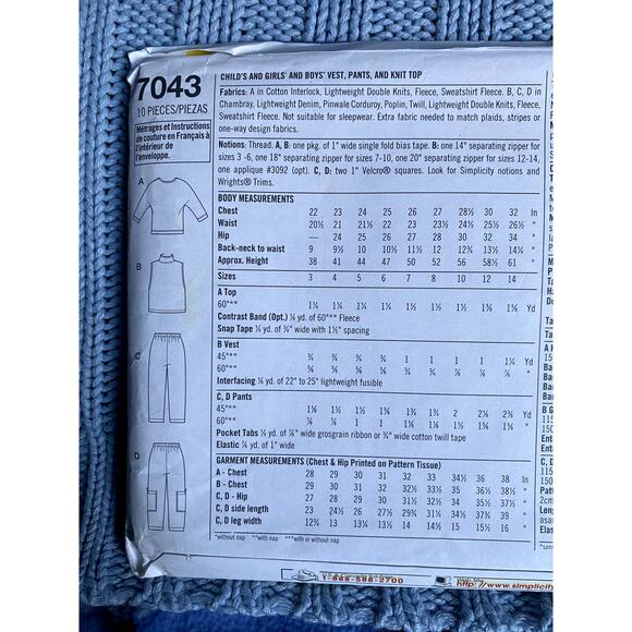 Simplicity 7043 Sewing pattern kids top vest cargo pants size 3 4 - Picture 4 of 5
